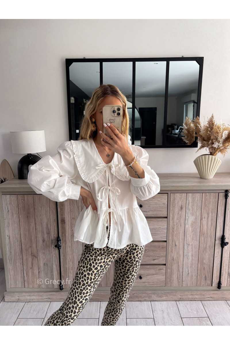 chemise blouse blanche grand col Claudine noeuds nouée devant été printemps 2024 mode grecy tenue ootd outfit look