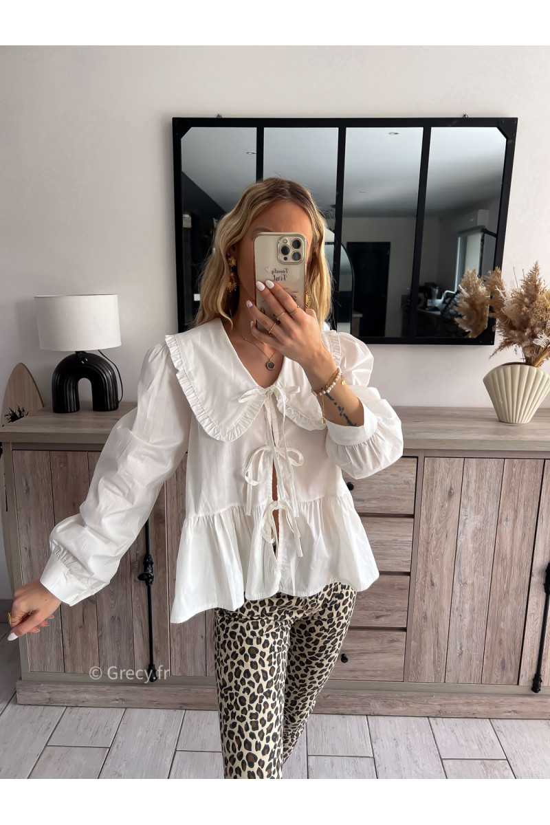 chemise blouse blanche grand col Claudine noeuds nouée devant été printemps 2024 mode grecy tenue ootd outfit look