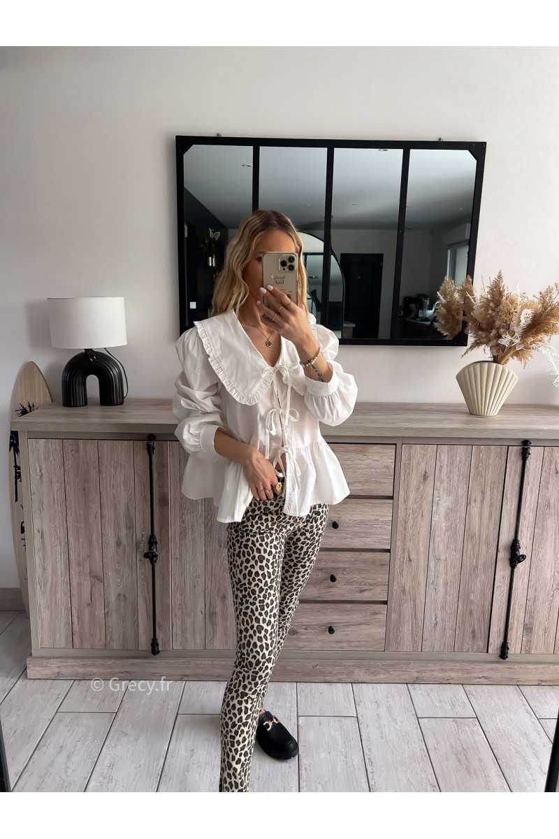 chemise blouse blanche grand col Claudine noeuds nouée devant été printemps 2024 mode grecy tenue ootd outfit look