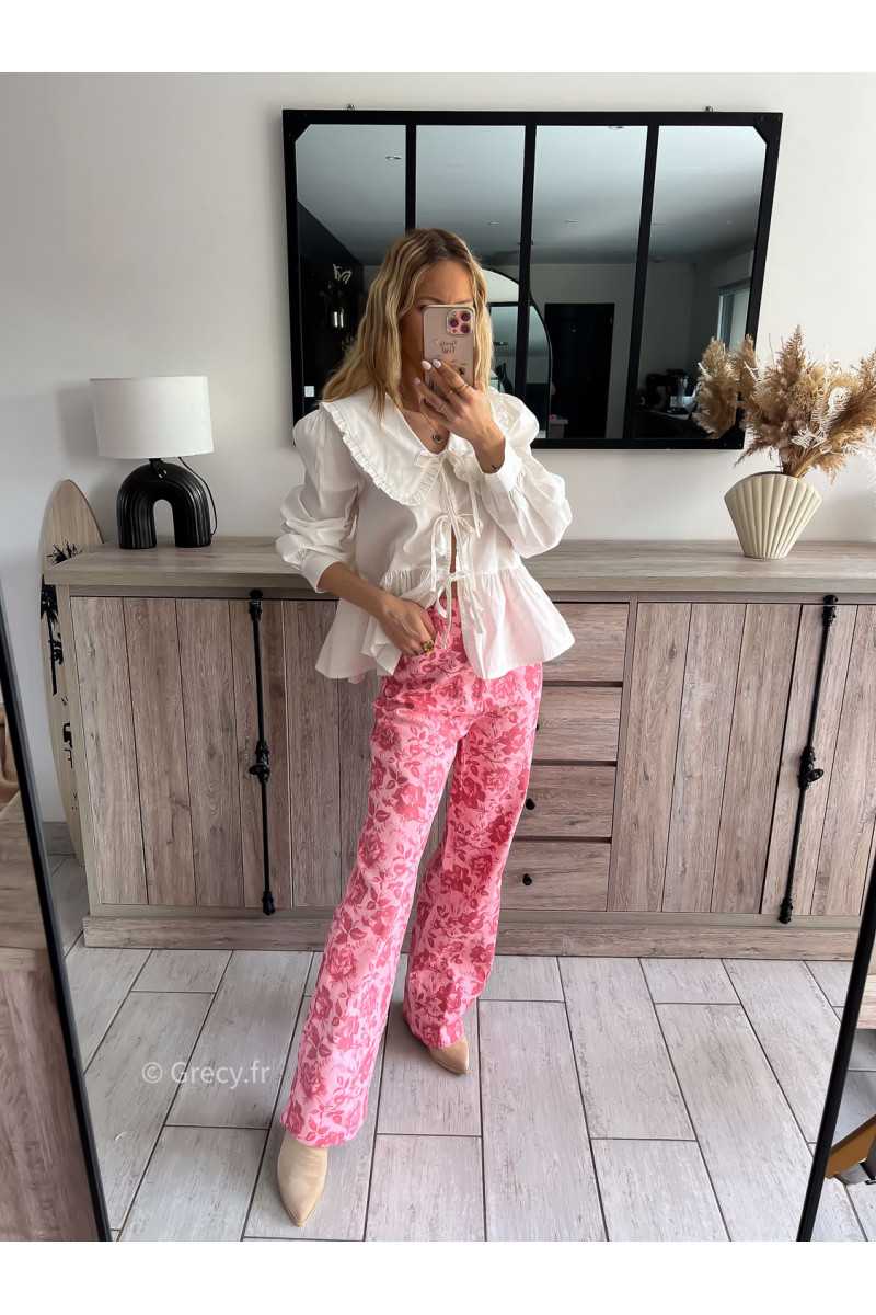 chemise blouse blanche grand col Claudine noeuds nouée devant été printemps 2024 mode grecy tenue ootd outfit look