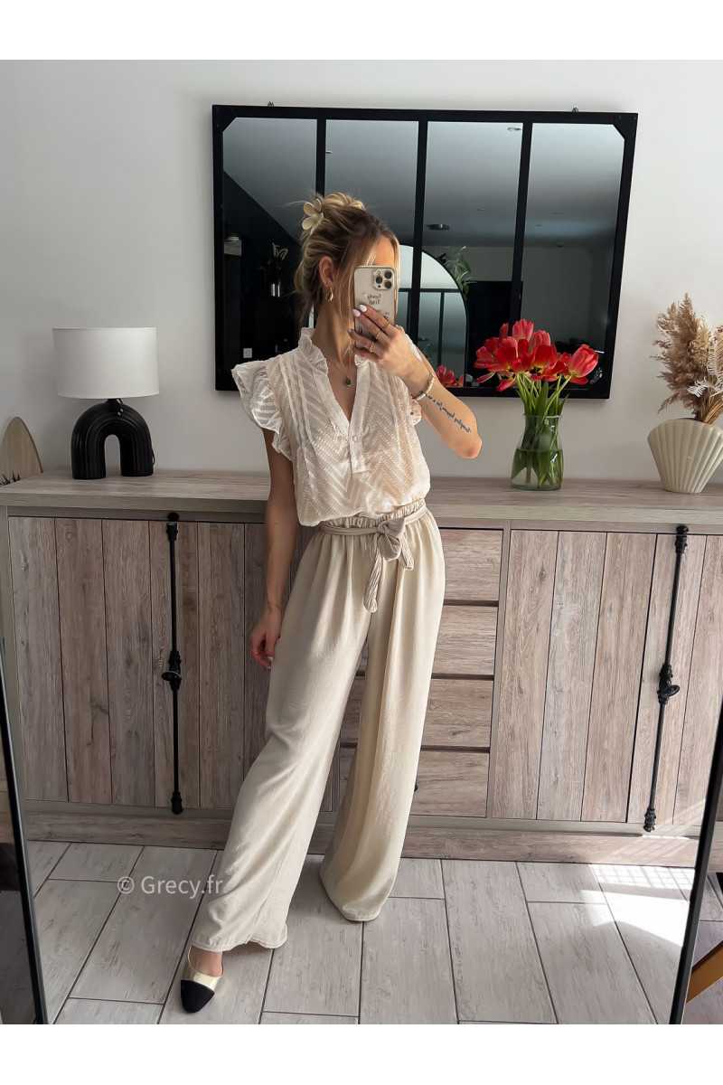 Pantalon fluide beige mode grecy tendance printemps mariage baptème été 2024 ootd fluide cérémonie chic