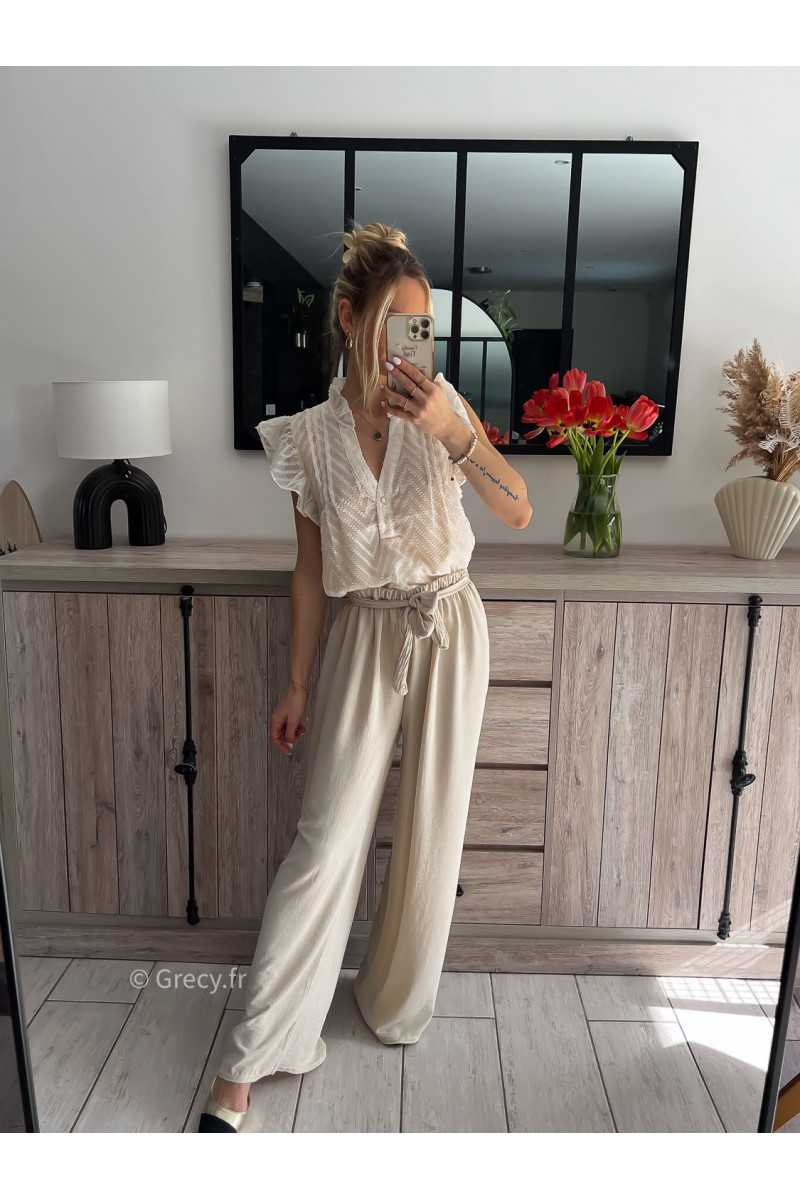 Pantalon fluide beige mode grecy tendance printemps été mariage baptême 2024 ootd fluide cérémonie chic