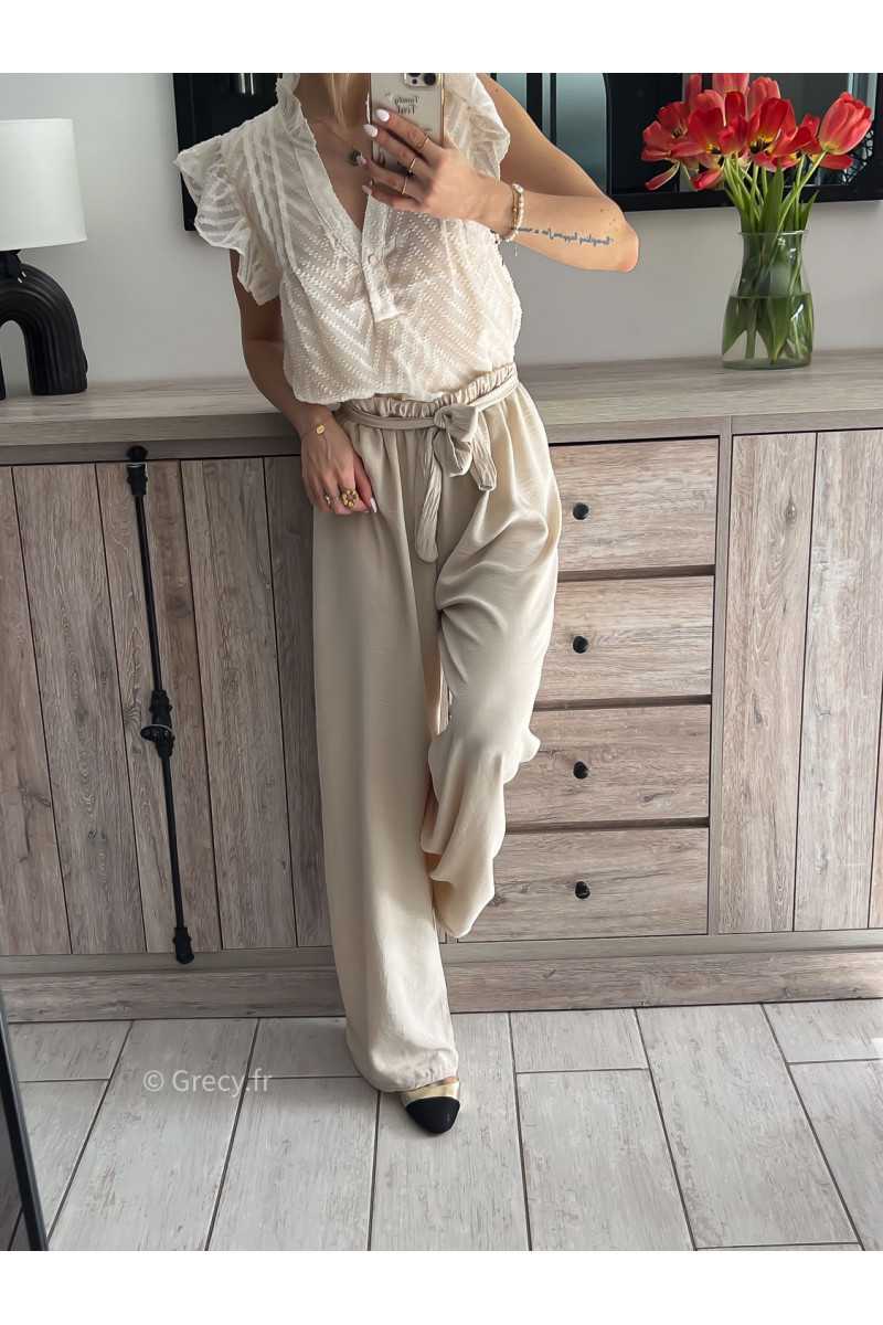 Pantalon fluide beige mode grecy tendance printemps été mariage baptême 2024 ootd fluide cérémonie chic