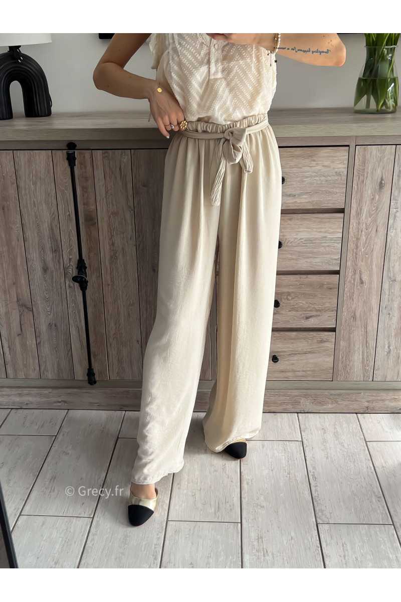 Pantalon fluide beige mode grecy tendance printemps été mariage baptême 2024 ootd fluide cérémonie chic