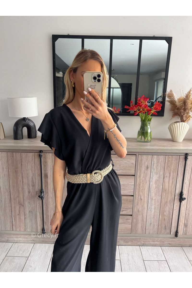 combinaison fluide noire ceinture dorée or mariage baptême chic grecy ootd outfit look tenue