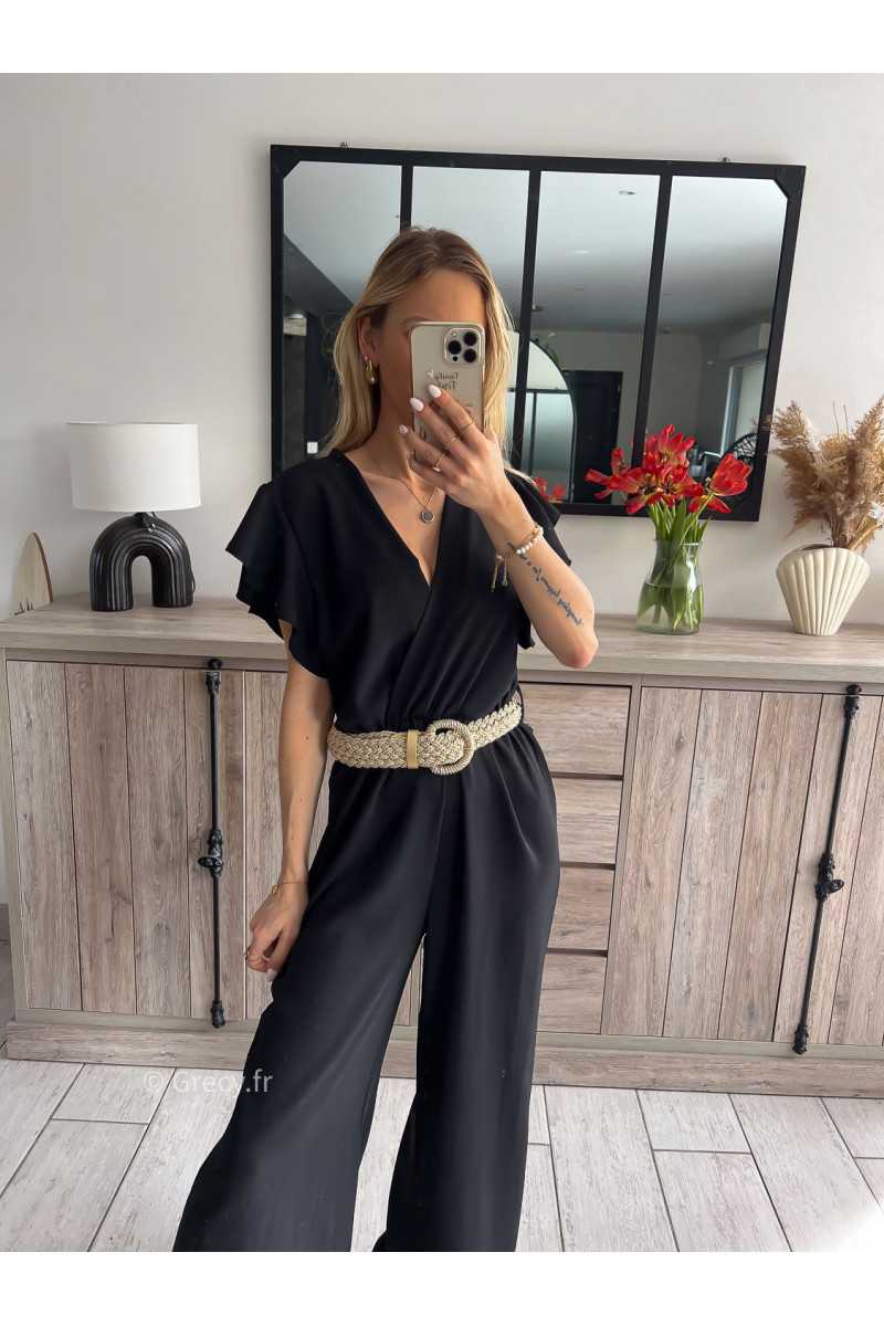 combinaison fluide noire ceinture dorée or mariage baptême chic grecy ootd outfit look tenue