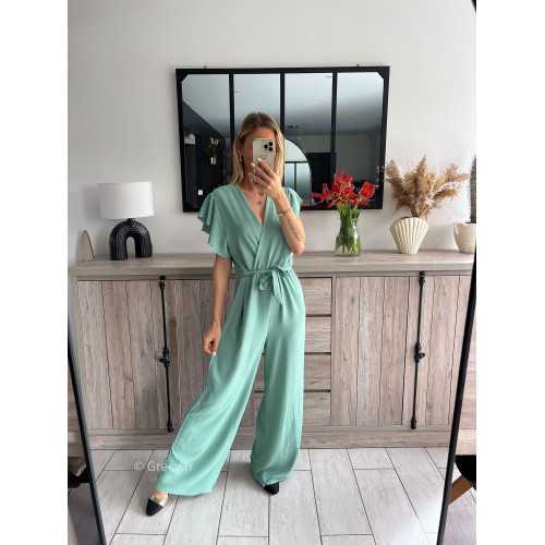 combinaison fluide vert d'eau clair pastel ceinture dorée or mariage baptême chic grecy ootd outfit look tenue