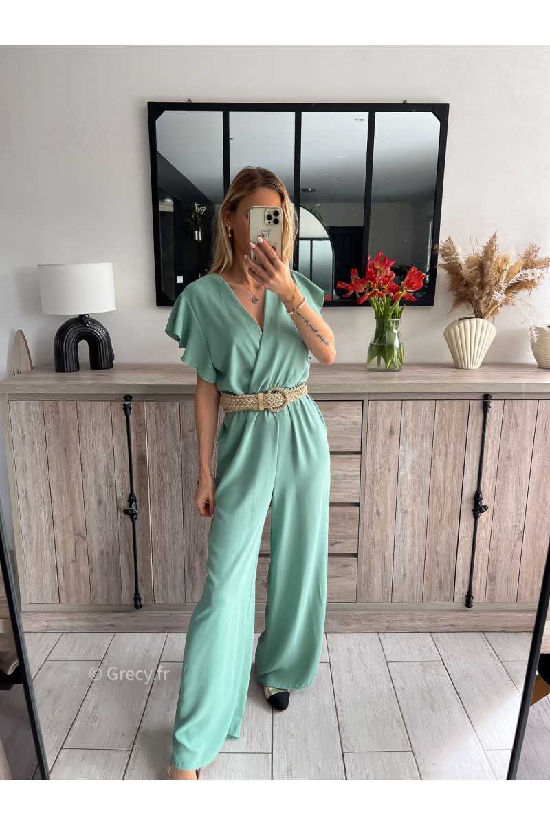 combinaison fluide vert d'eau clair pastel ceinture dorée or mariage baptême chic grecy ootd outfit look tenue