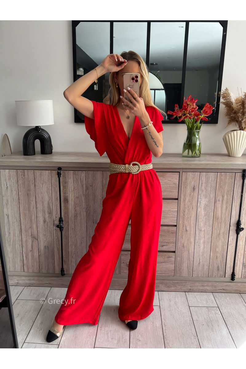 combinaison fluide rouge ceinture dorée or mariage baptême chic grecy ootd outfit look tenue