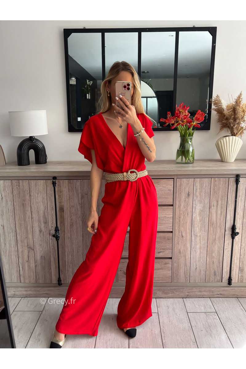 combinaison fluide rouge ceinture dorée or mariage baptême chic grecy ootd outfit look tenue