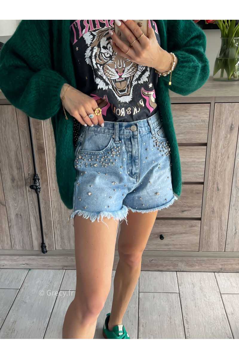 short en jean strass Denim Coachella outfit tendance mode printemps été 2024 grecy