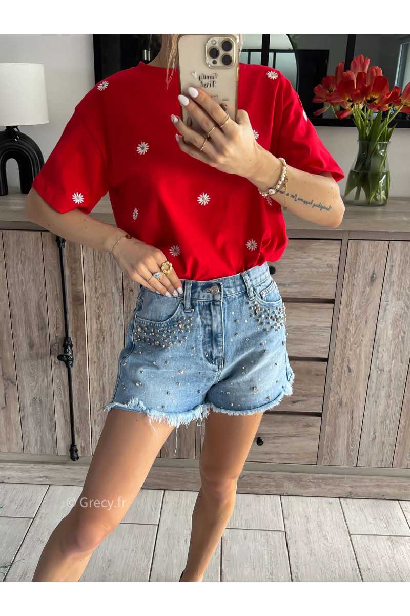 short en jean strass Denim Coachella outfit tendance mode printemps été 2024 grecy