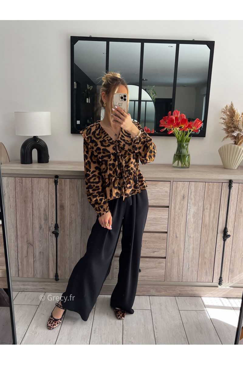 blouse chemise col claudine noeuds nouée devant léopard grand col ganni look outfit tendance mode printemps été 2024 grecy