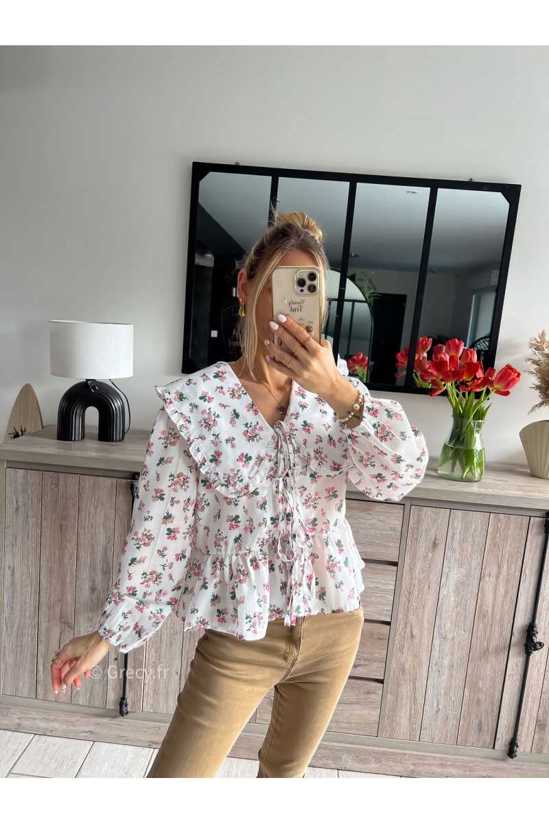 blouse fleurie grand col Claudine blanche et rose noeuds devant nouée tendance mode printemps été 2024 grecy