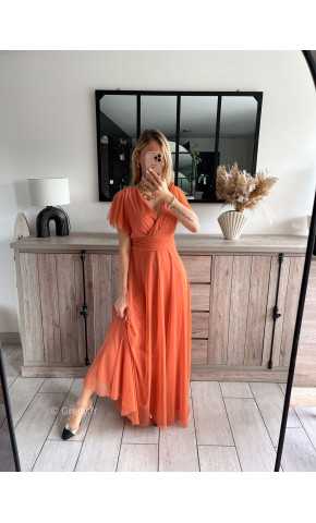 robe longue cérémonie terracotta manches courtes doublure chic look tenue printemps été 2024 grecy mariage baptême