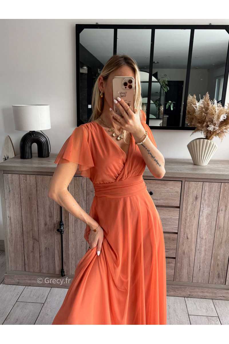 robe longue cérémonie terracotta manches courtes doublure chic look tenue printemps été 2024 grecy mariage baptême