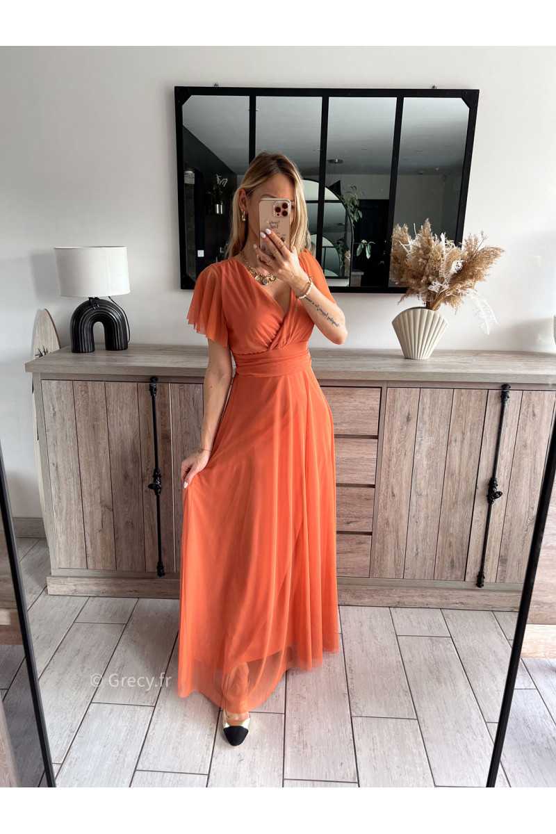 robe longue cérémonie terracotta manches courtes doublure chic look tenue printemps été 2024 grecy mariage baptême