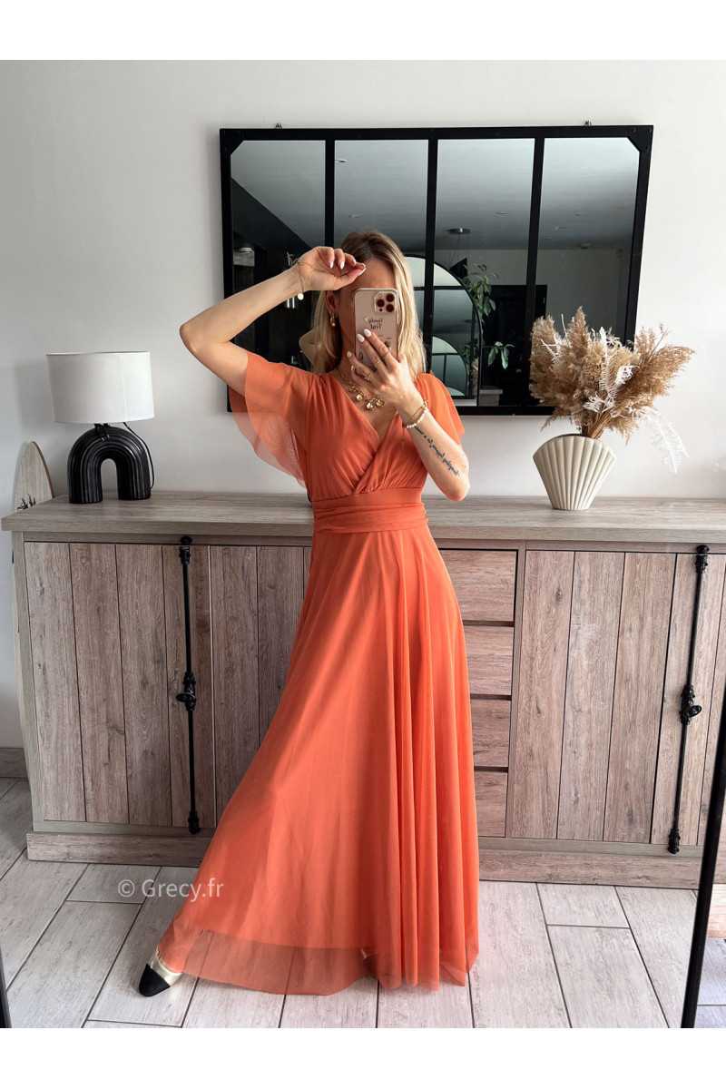 robe longue cérémonie terracotta manches courtes doublure chic look tenue printemps été 2024 grecy mariage baptême