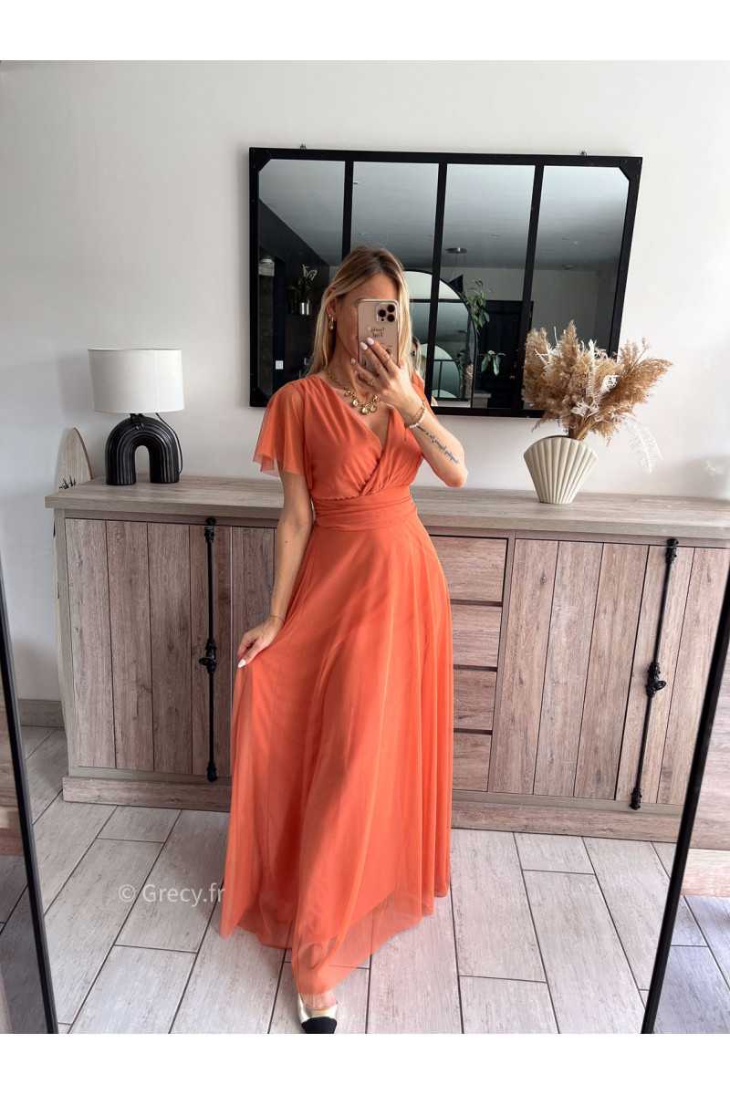 robe longue cérémonie terracotta manches courtes doublure chic look tenue printemps été 2024 grecy mariage baptême