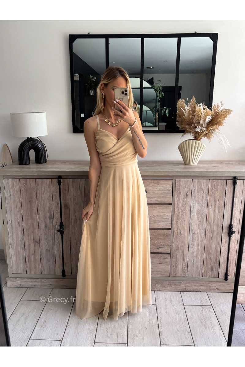 robe longue cérémonie beige bretelles doublure chic look tenue printemps été 2024 grecy mariage baptême