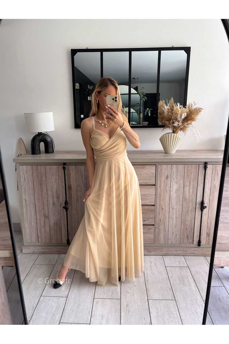 robe longue cérémonie beige bretelles doublure chic look tenue printemps été 2024 grecy mariage baptême