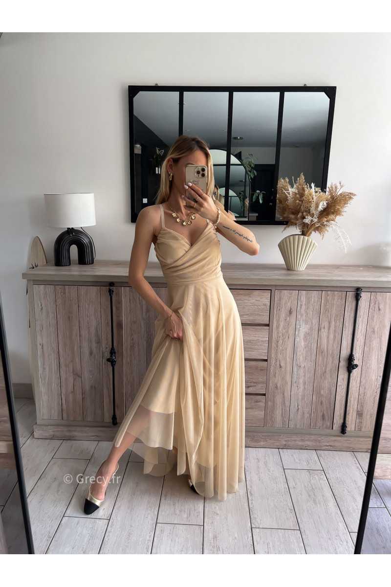 robe longue cérémonie beige bretelles doublure chic look tenue printemps été 2024 grecy mariage baptême