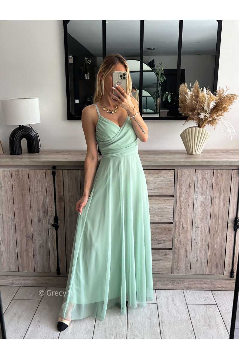 robe longue cérémonie vert d'eau pastel clair bretelles doublure chic look tenue printemps été 2024 grecy mariage baptême