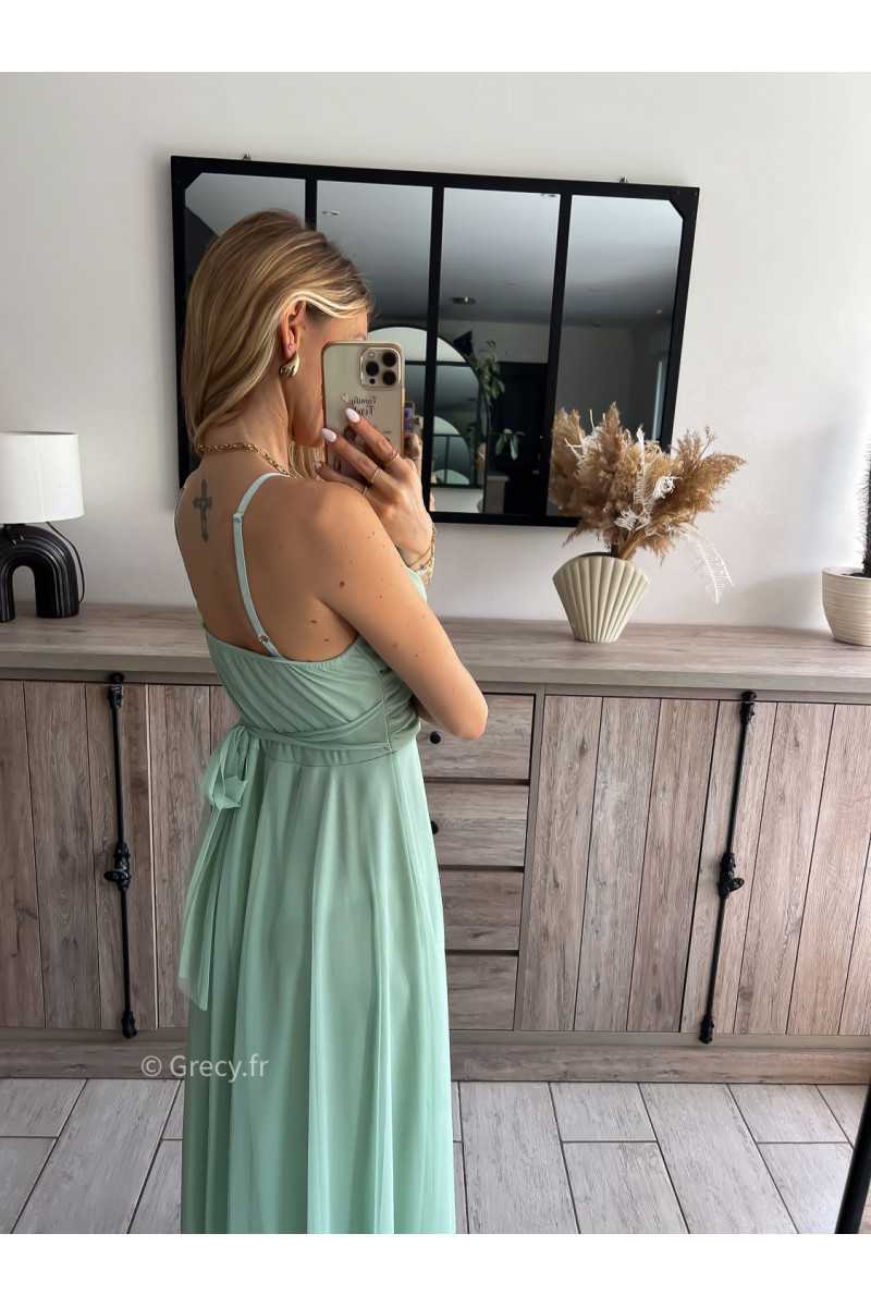 robe longue cérémonie vert d'eau pastel clair bretelles doublure chic look tenue printemps été 2024 grecy mariage baptême