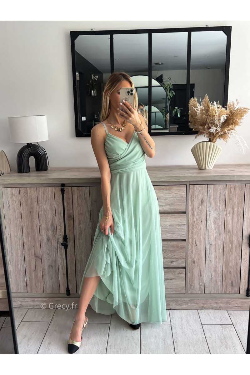 robe longue cérémonie vert d'eau pastel clair bretelles doublure chic look tenue printemps été 2024 grecy mariage baptême