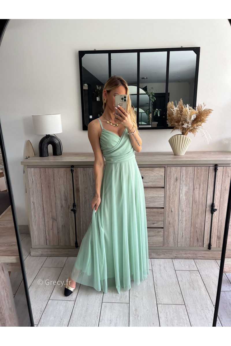 robe longue cérémonie vert d'eau pastel clair bretelles doublure chic look tenue printemps été 2024 grecy mariage baptême