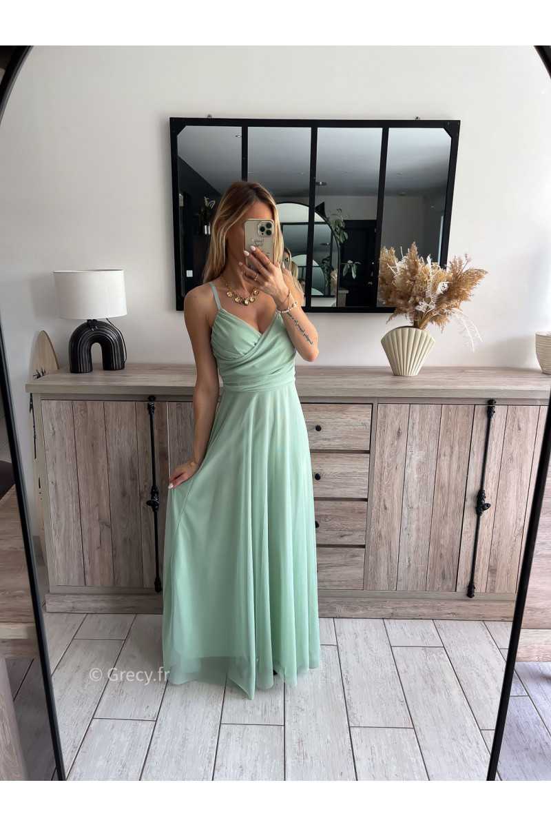 robe longue cérémonie vert d'eau pastel clair bretelles doublure chic look tenue printemps été 2024 grecy mariage baptême