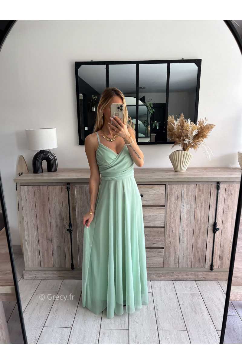 robe longue cérémonie vert d'eau pastel clair bretelles doublure chic look tenue printemps été 2024 grecy mariage baptême