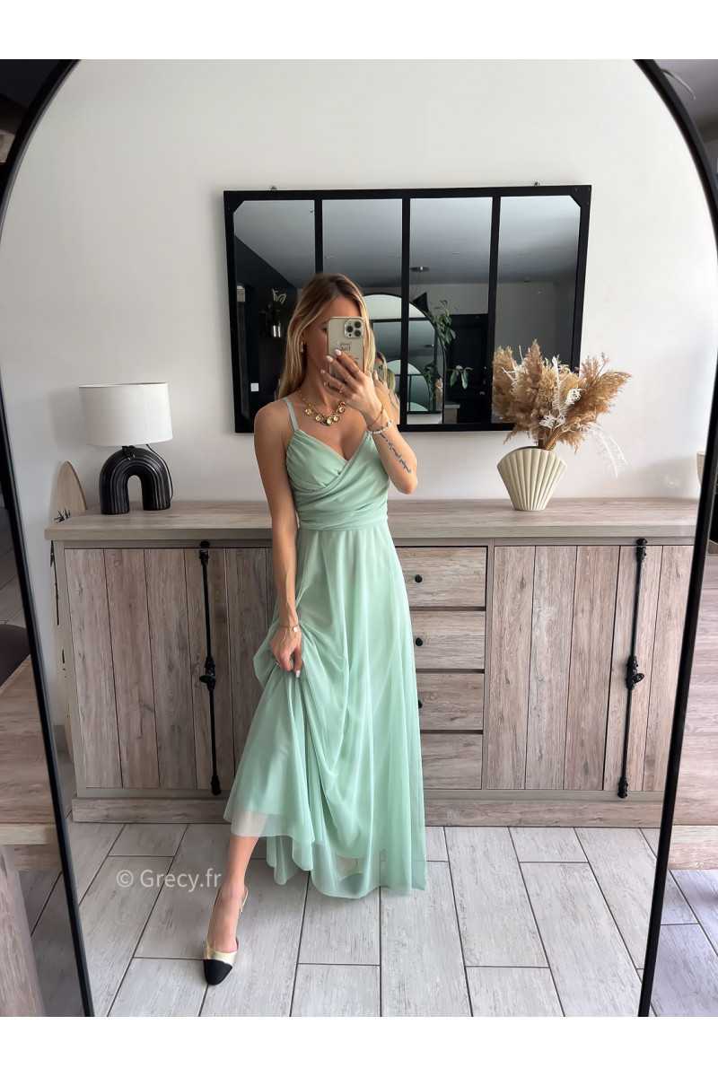 robe longue cérémonie vert d'eau pastel clair bretelles doublure chic look tenue printemps été 2024 grecy mariage baptême