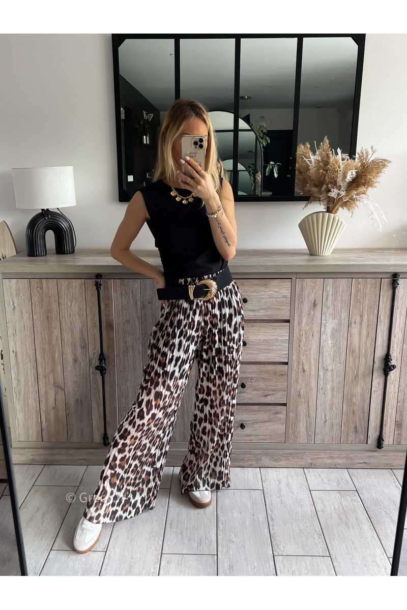 pantalon plissé léopard marron taille élastique look tenue printemps été 2024 grecy
