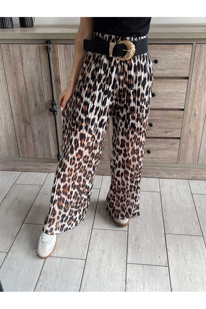 pantalon plissé léopard marron taille élastique look tenue printemps été 2024 grecy