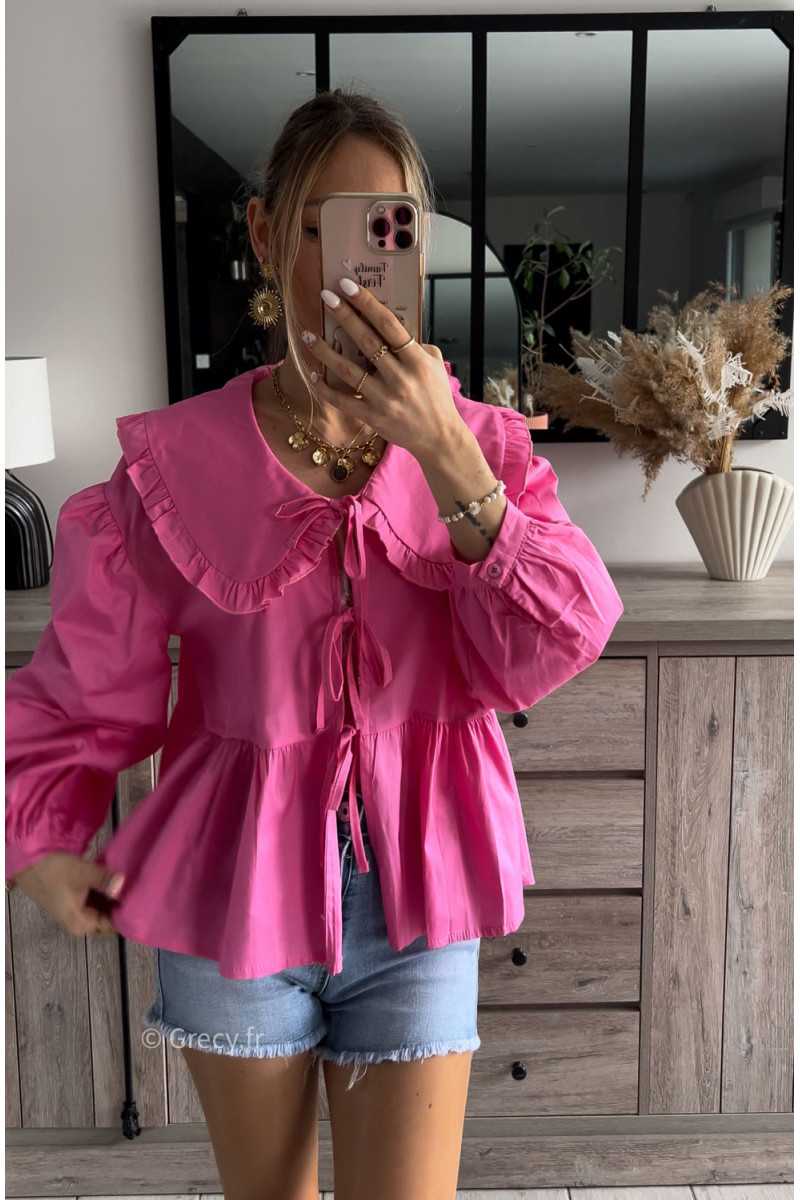 blouse rose fuchsia col Claudine noeuds devant noeuds manches longues printemps été 2024 mode look ootd outfit grecy