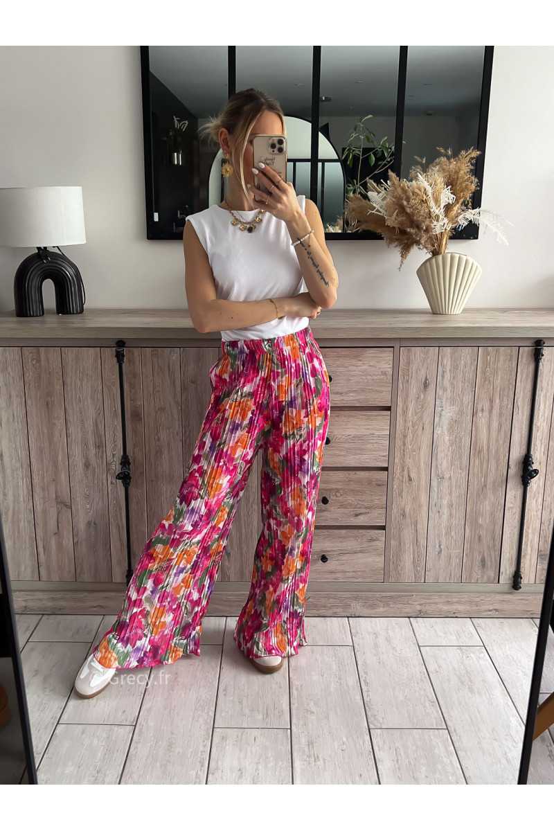 pantalon plissé fluide fleuri rose taille élastique doublure printemps été 2024 mode look ootd outfit grecy