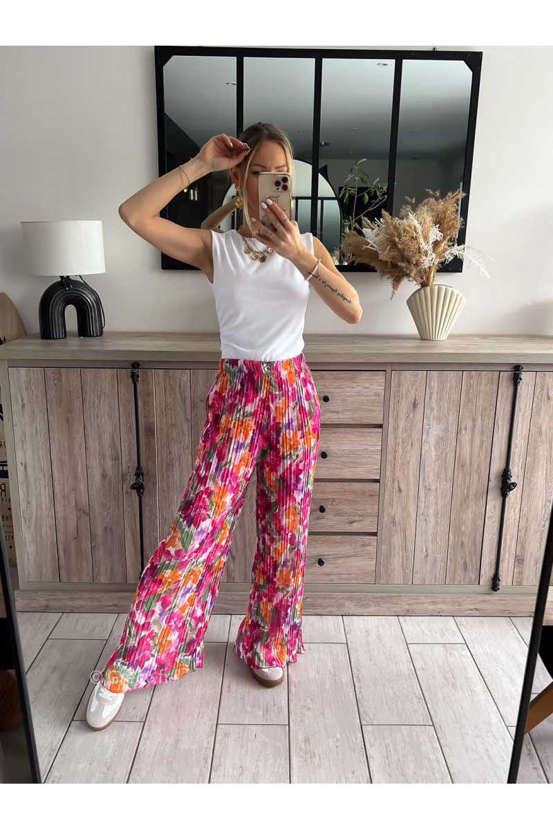 pantalon plissé fluide fleuri rose taille élastique doublure printemps été 2024 mode look ootd outfit grecy