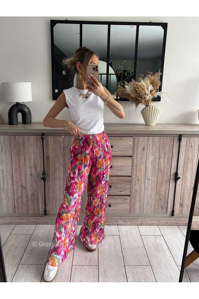 pantalon plissé fluide fleuri rose taille élastique doublure printemps été 2024 mode look ootd outfit grecy