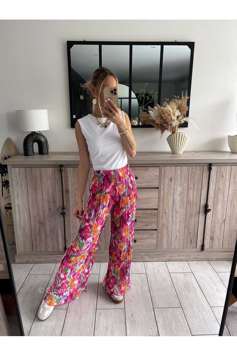 pantalon plissé fluide fleuri rose taille élastique doublure printemps été 2024 mode look ootd outfit grecy