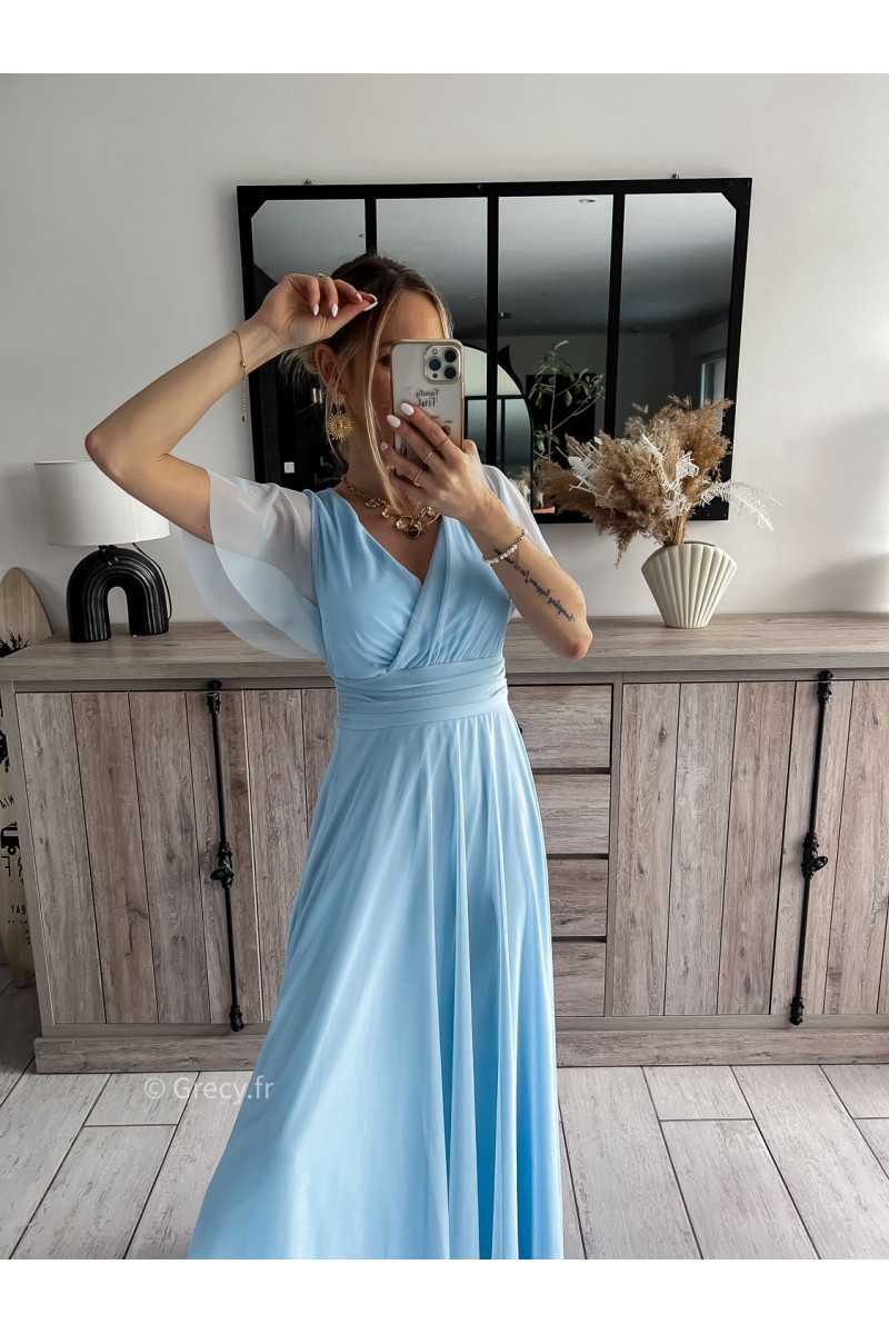 robe longue cérémonie bleu ciel clair pastel mariage baptême printemps été 2024 mode look ootd outfit grecy