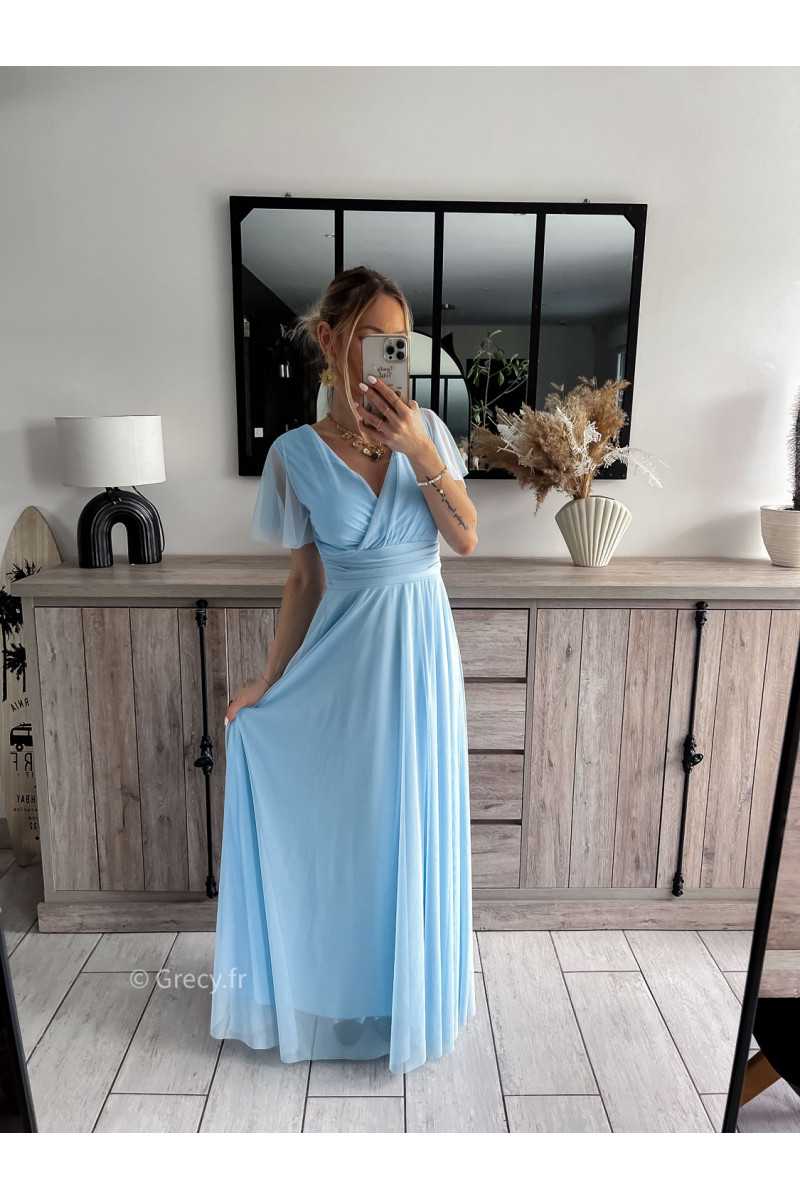 robe longue cérémonie bleu ciel clair pastel mariage baptême printemps été 2024 mode look ootd outfit grecy