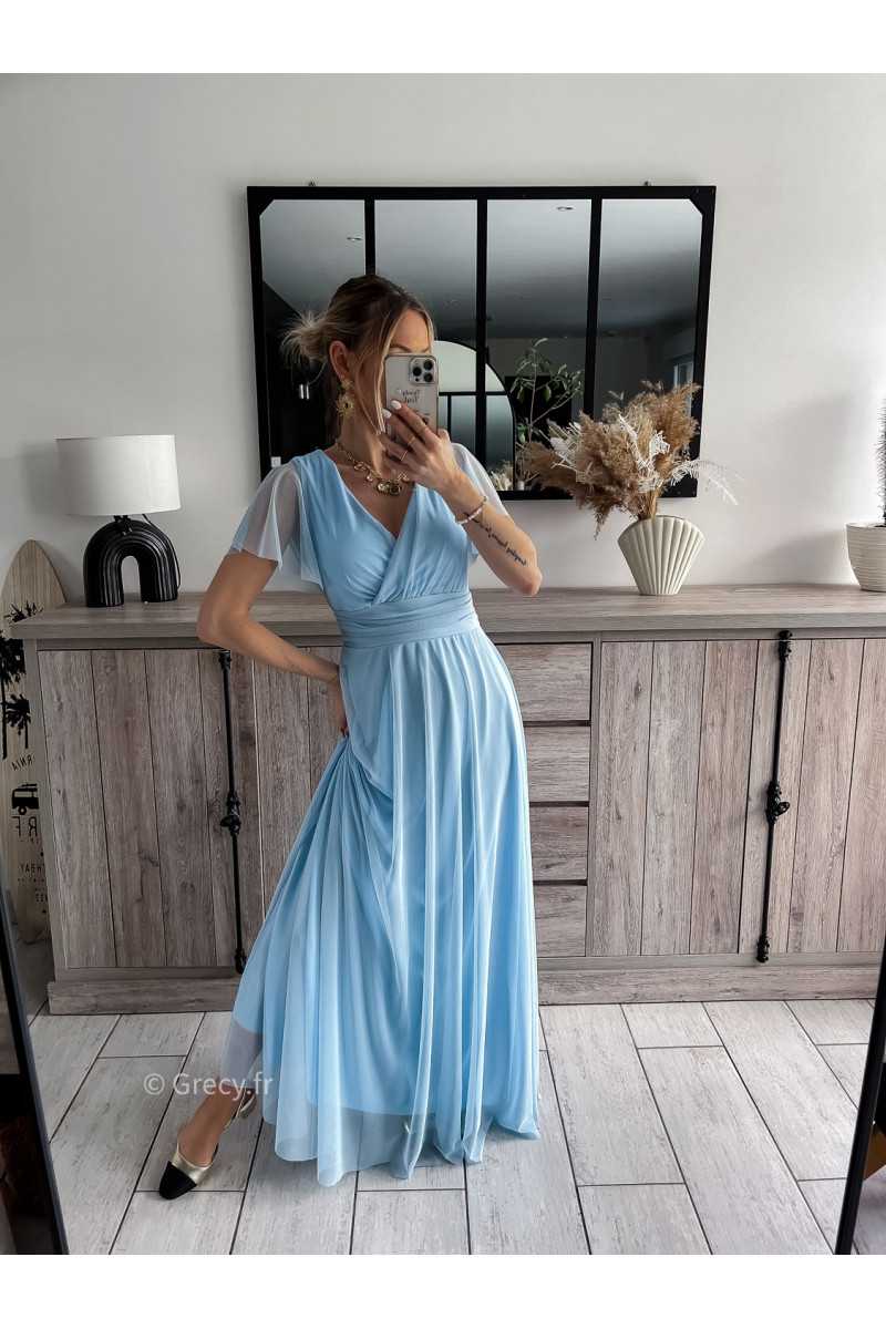 robe longue cérémonie bleu ciel clair pastel mariage baptême printemps été 2024 mode look ootd outfit grecy