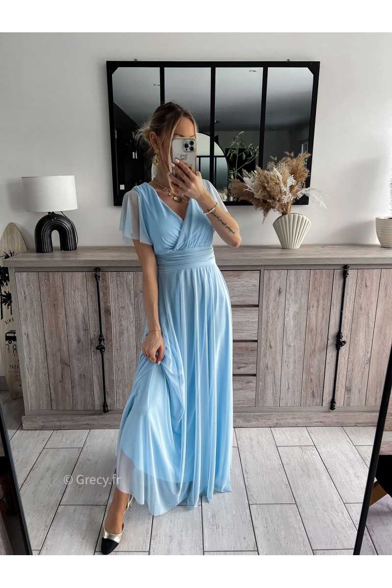 robe longue cérémonie bleu ciel clair pastel mariage baptême printemps été 2024 mode look ootd outfit grecy