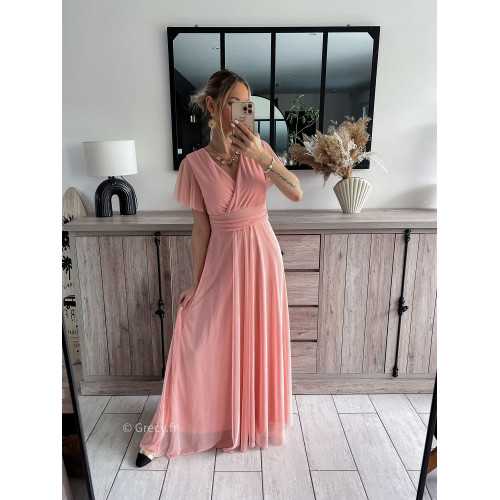 Robe longue cérémonie rose avec manches