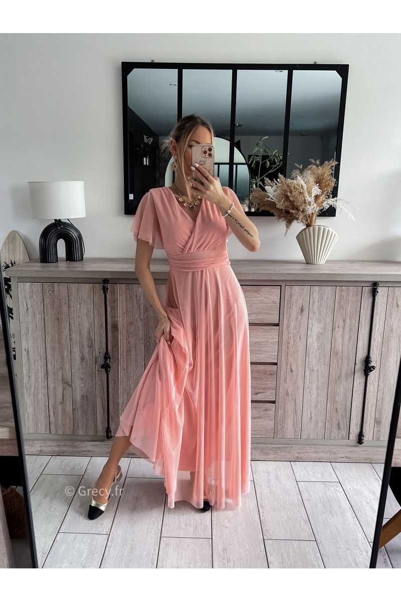 robe longue cérémonie rose clair pastel mariage baptême printemps été 2024 mode look ootd outfit grecy