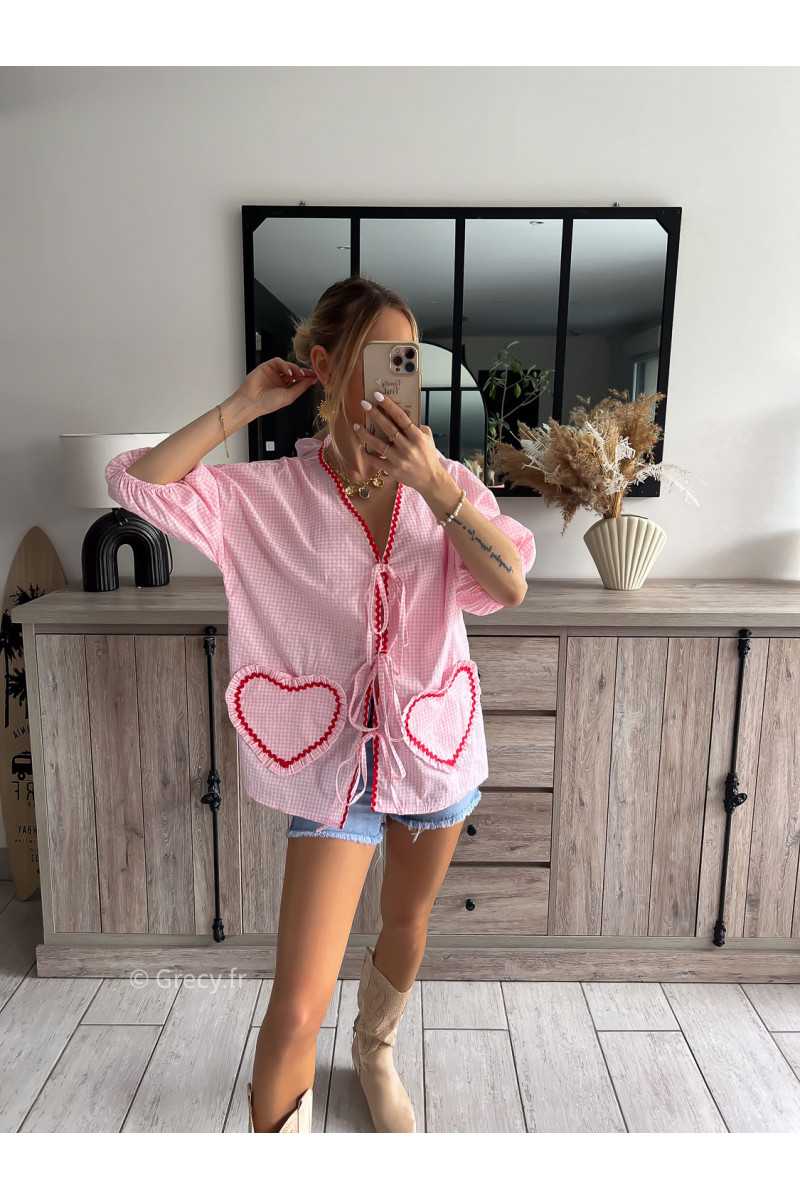 blouse vichy rose et rouge coeurs poches noeuds printemps été 2024 mode look ootd outfit grecy