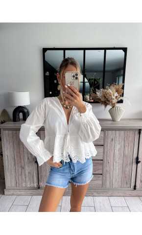 blouse blanche noeud broderie anglaise volants manches longues printemps été 2024 mode look ootd outfit grecy