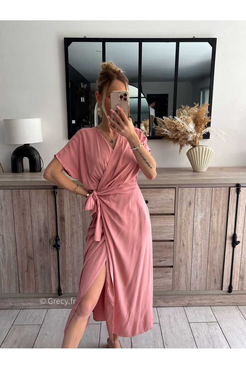 robe longue rose nouée fendue mode tendance grecy été 2024 outfit ootd look