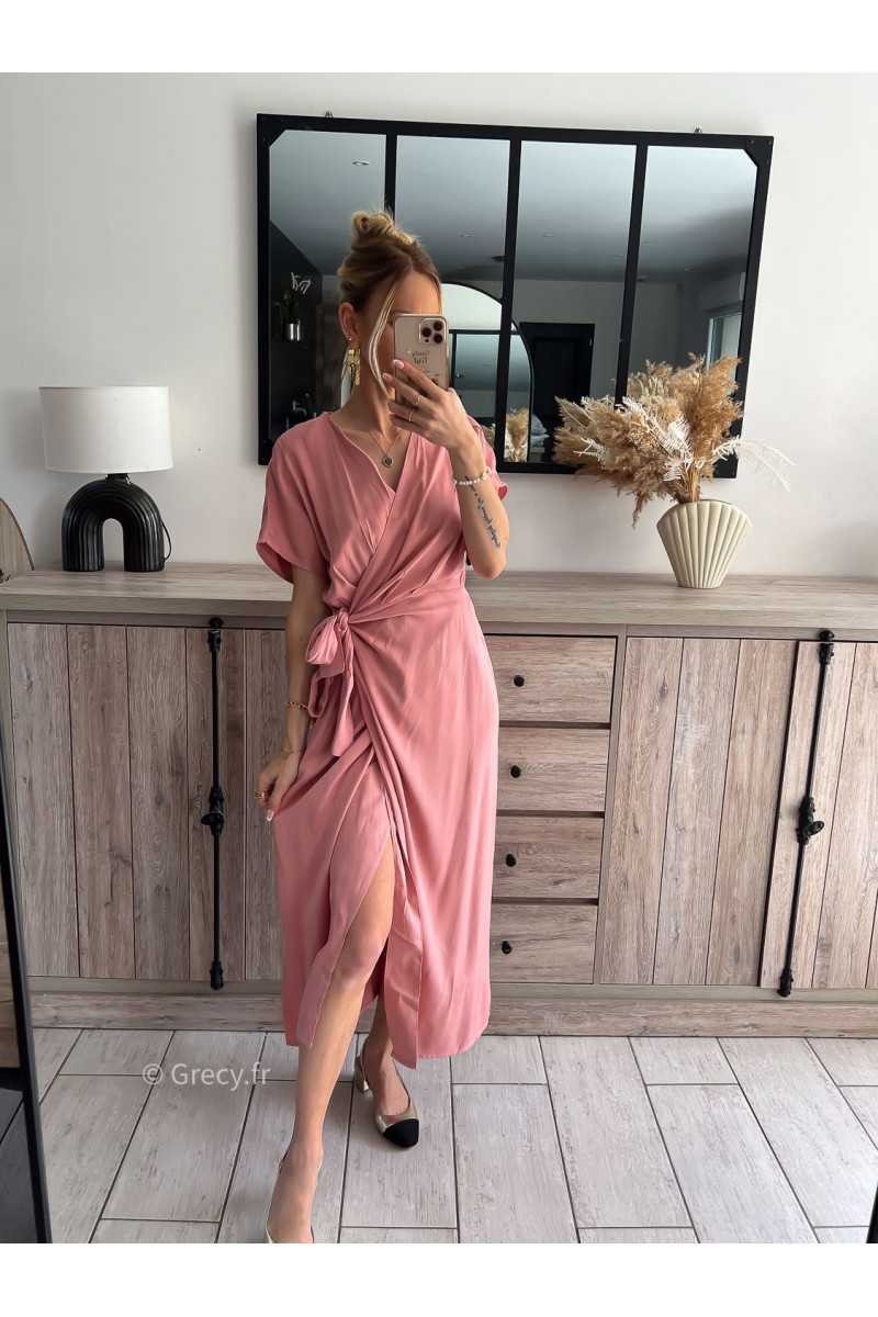 robe longue rose nouée fendue mode tendance grecy été 2024 outfit ootd look